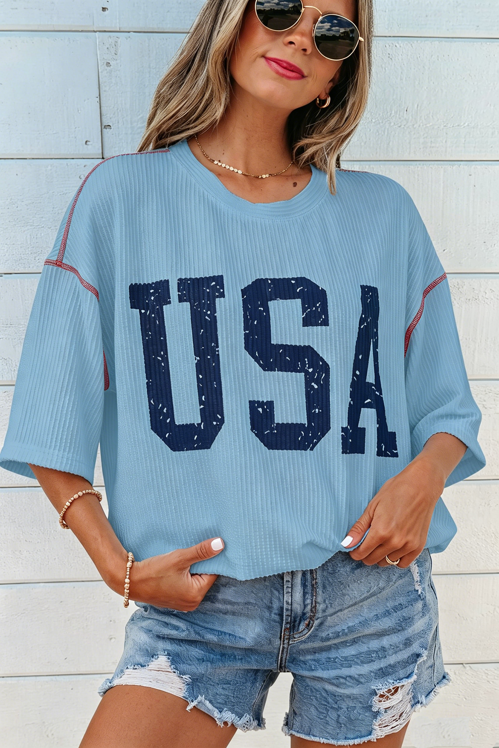 Fiery Red USA Graphic Half Sleeve Loose Ribbed Top