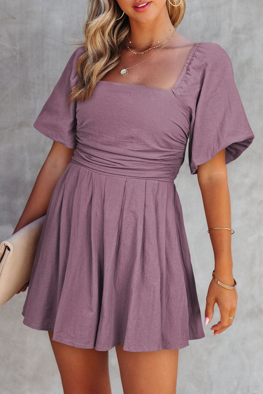Jungle Green Square Neck Ruched Puff Sleeve Romper